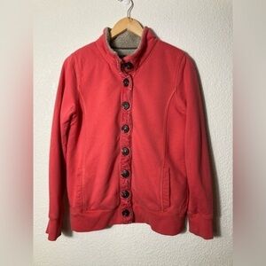 Boden salmon pink fleece lined jacket sweater velvet button placket US 8